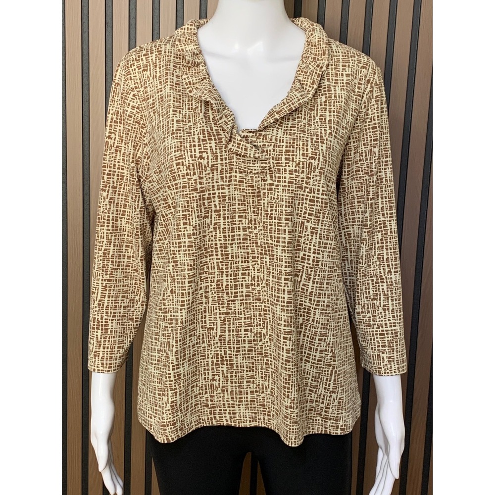 J. McLaughlin Brown Cream Grid Print Ruffle Neck Top XL Nylon Spandex Stretch